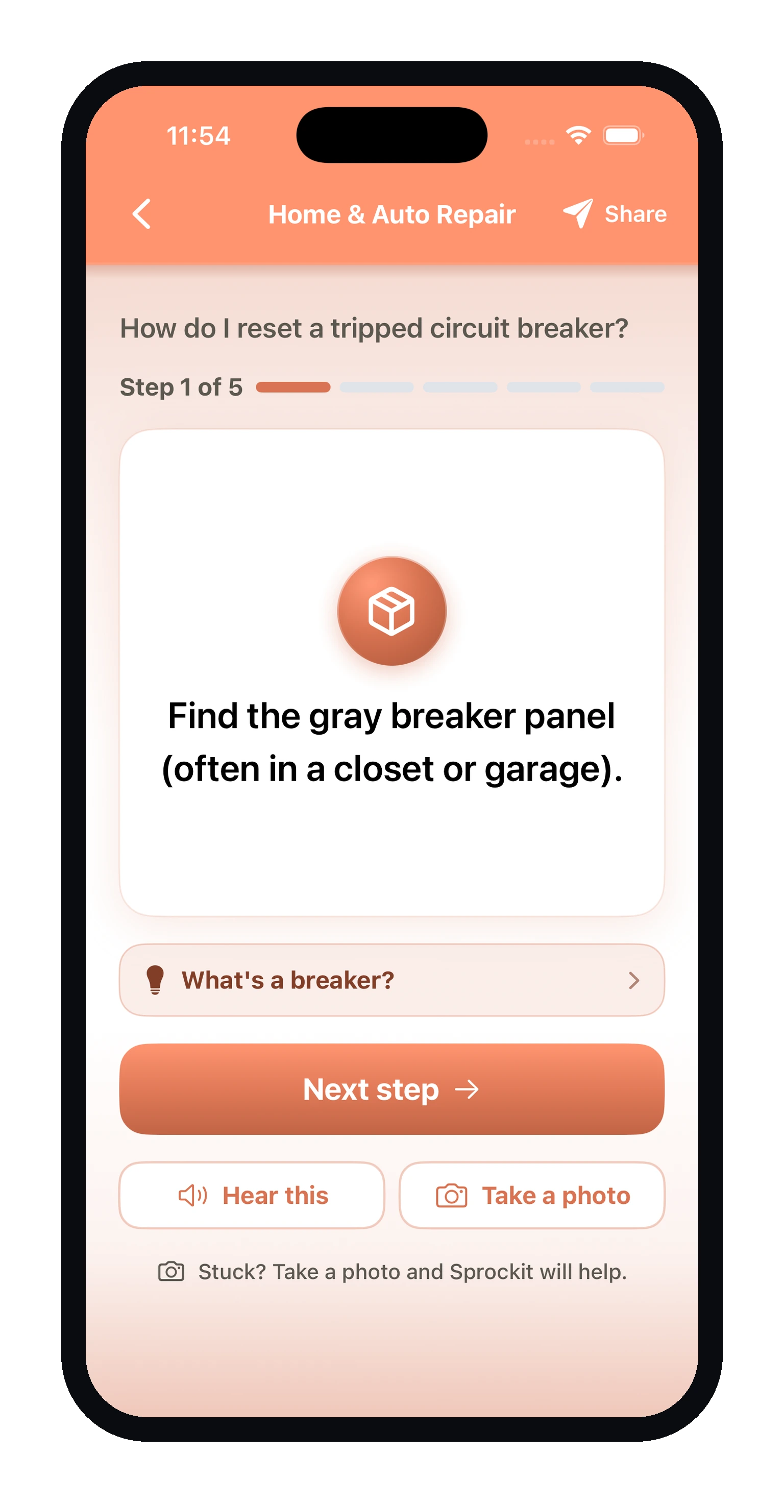 Sprockit app — step-by-step answer for how to reset a tripped circuit breaker