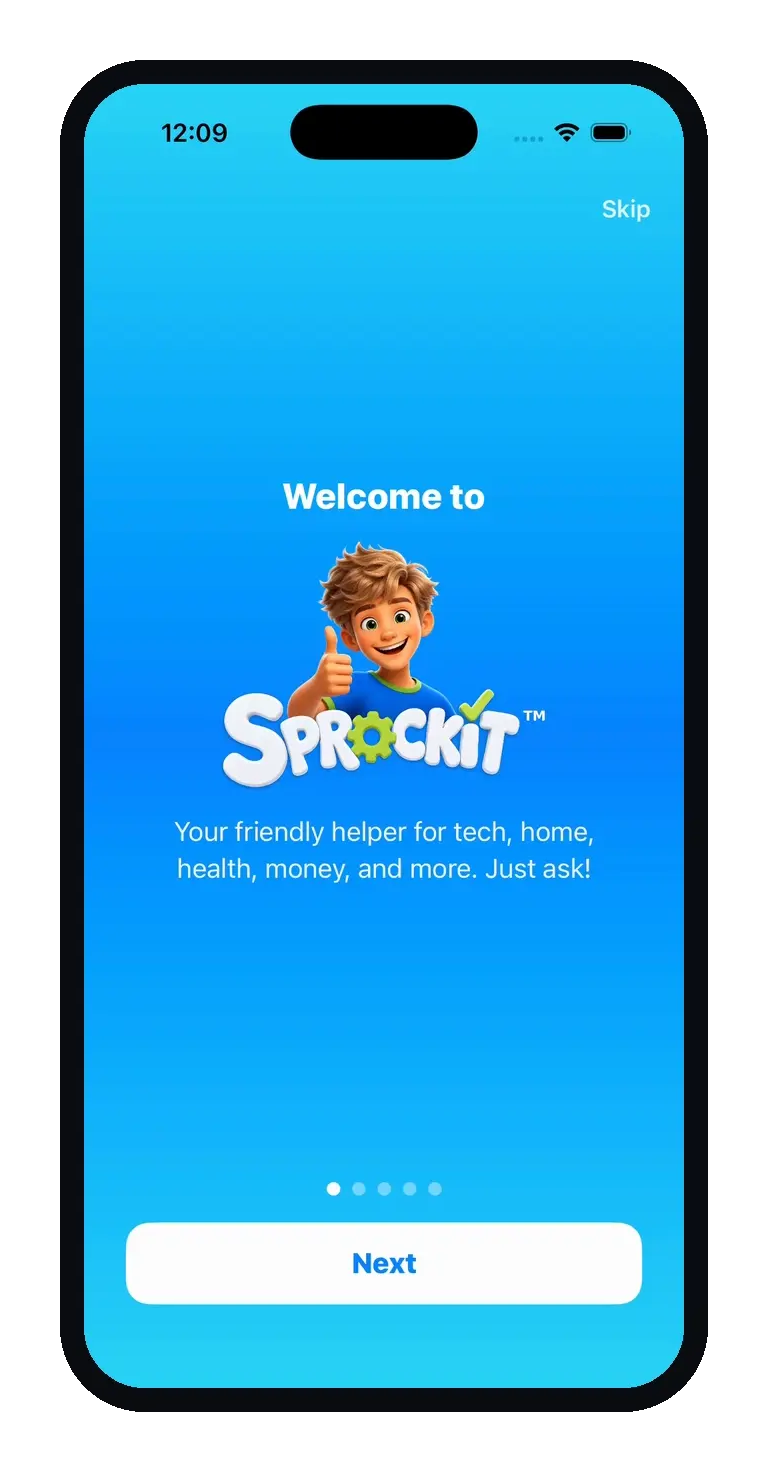 Sprockit app — Welcome to Sprockit onboarding screen
